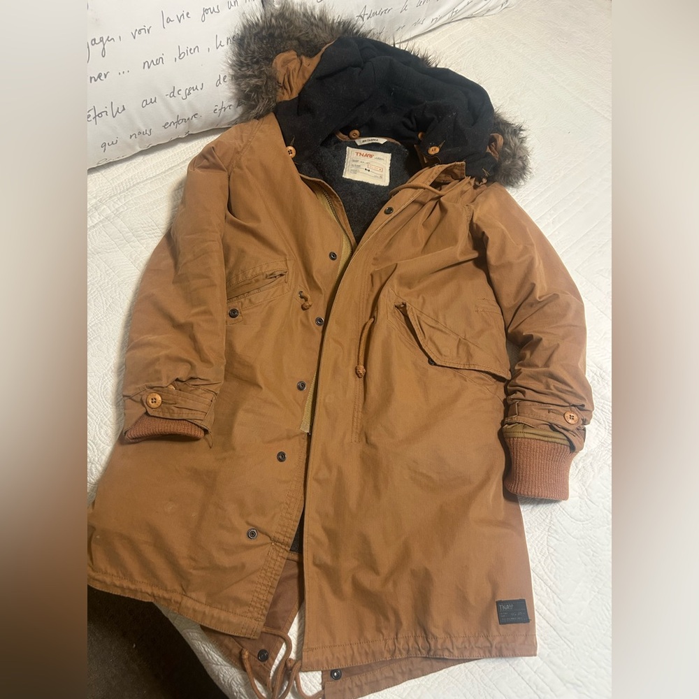 TNA Camel Winter Parka Coat Small With Removable Quilted Wool Liner